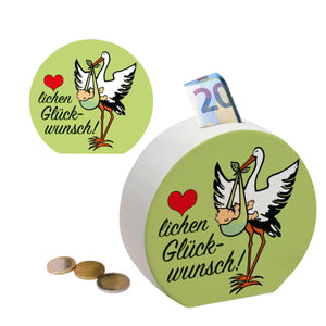 Storch und Kind Spardose zur Geburt mit niedlichem Motiv