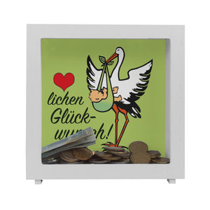 Storch und Kind Spardose zur Geburt mit niedlichem Motiv