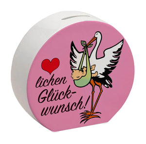 Storch und Kind Spardose zur Geburt mit niedlichem Motiv