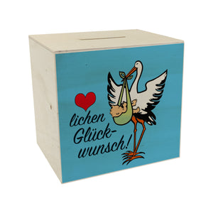 Storch und Kind Spardose zur Geburt mit niedlichem Motiv