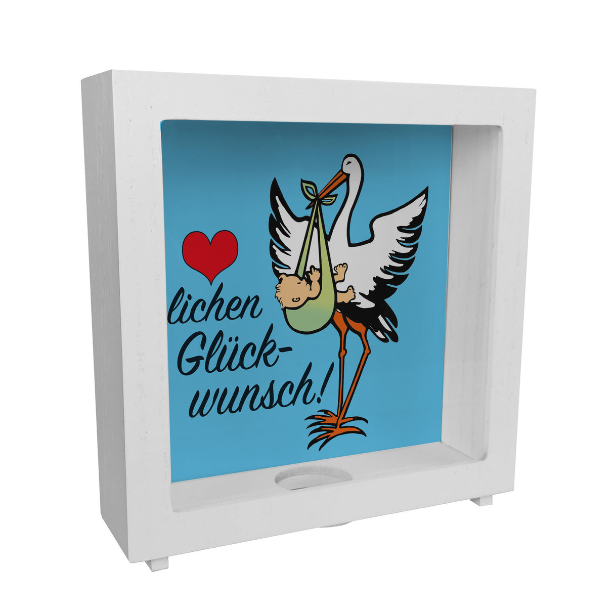 Storch und Kind Spardose zur Geburt mit niedlichem Motiv