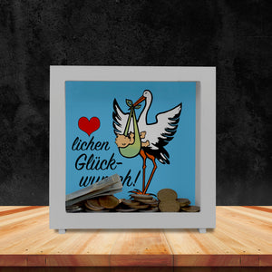 Storch und Kind Spardose zur Geburt mit niedlichem Motiv