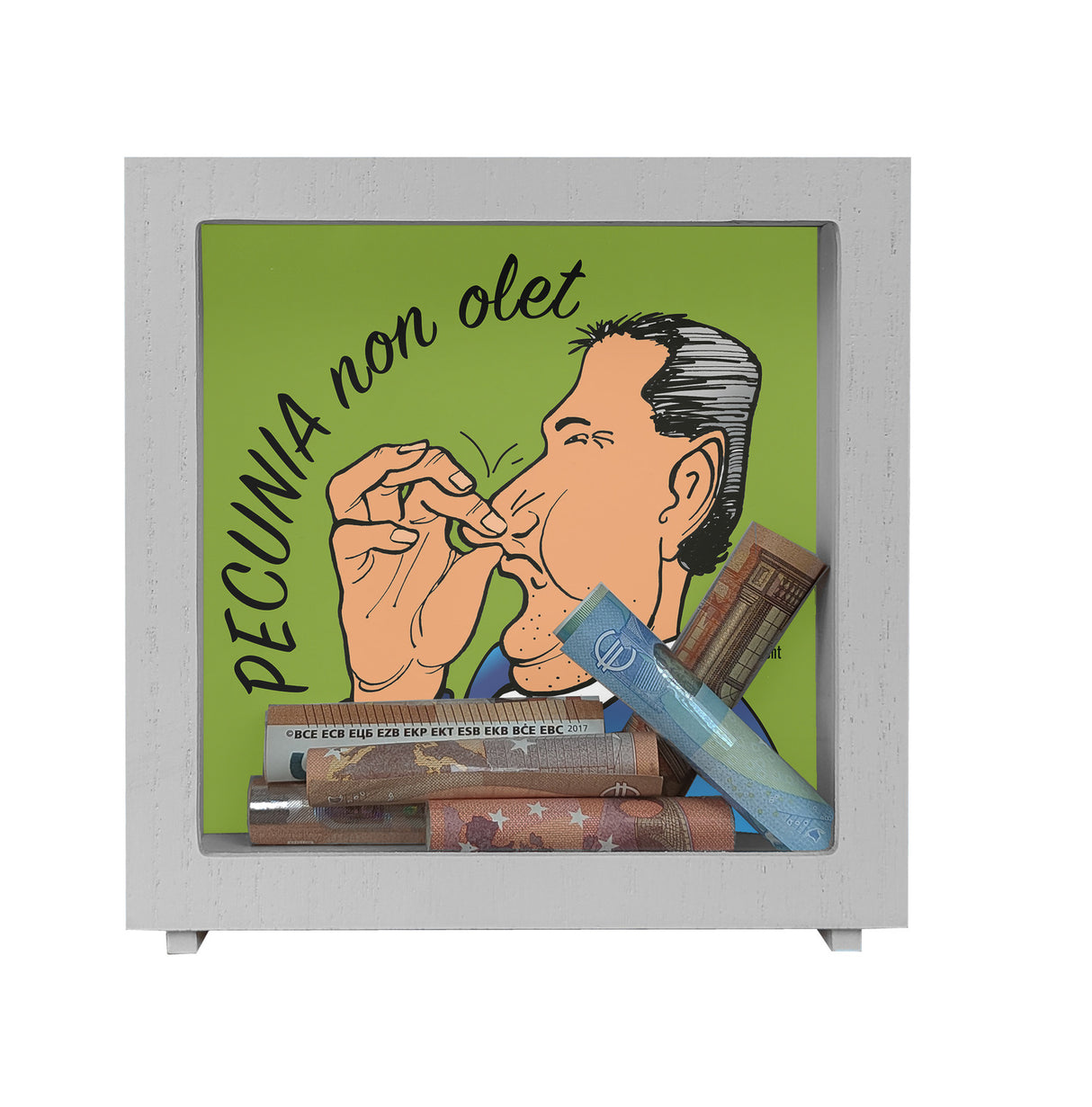 Pecunia non olet Spardose in Lila zum Thema Geld