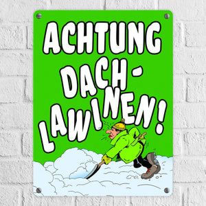 Dachlawine Metallschild zum Thema Schneefall im Winter -Gelb