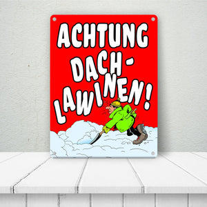 Dachlawine Metallschild zum Thema Schneefall im Winter -Gelb