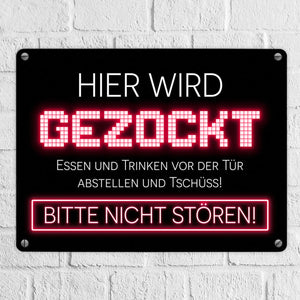 Hier wird gezockt Metallschild für Gamer in violett