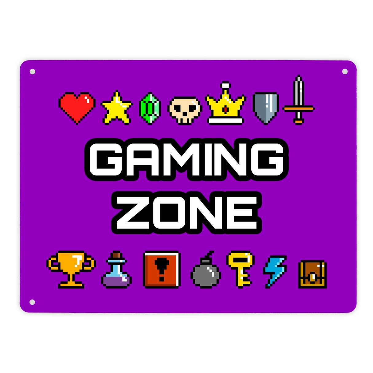 Gaming Zone Metallschild mit Pixel-Items für Zocker in lila