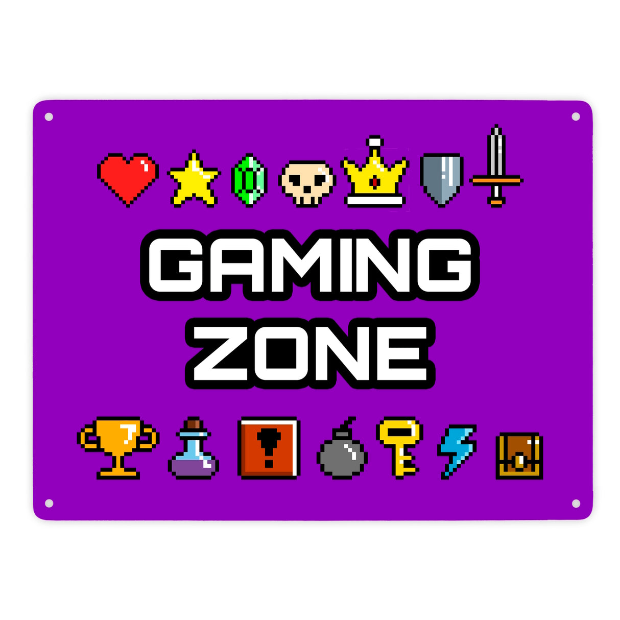 Gaming Zone Metallschild mit Pixel-Items für Zocker in lila