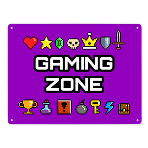 Gaming Zone Metallschild mit Pixel-Items für Zocker in lila