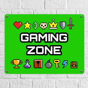 Gaming Zone Metallschild mit Pixel-Items für Zocker in lila