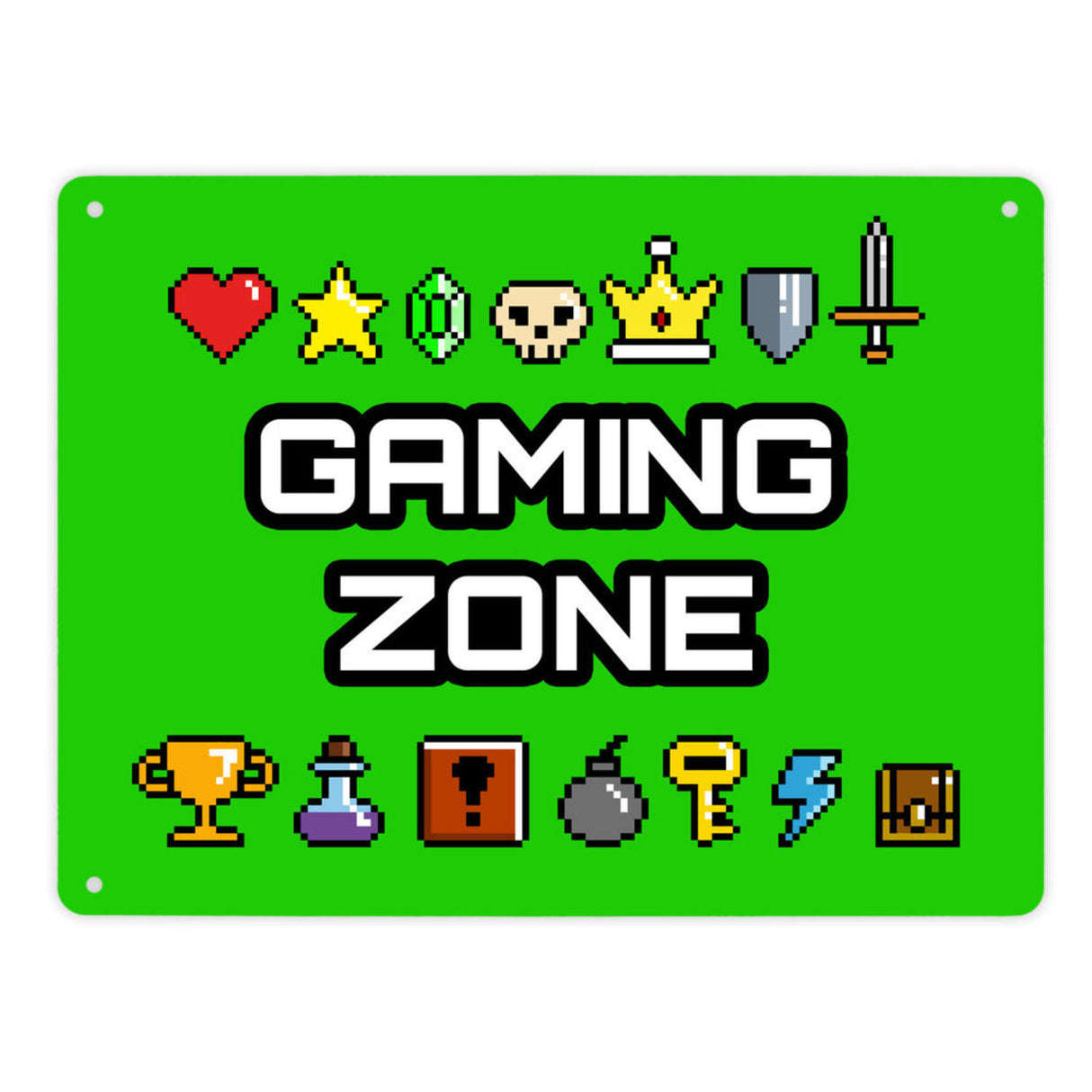 Gaming Zone Metallschild mit Pixel-Items für Zocker in lila