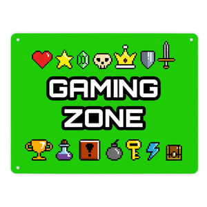 Gaming Zone Metallschild mit Pixel-Items für Zocker in lila