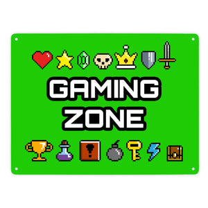 Gaming Zone Metallschild mit Pixel-Items für Zocker in lila