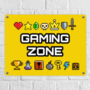 Gaming Zone Metallschild mit Pixel-Items für Zocker in lila