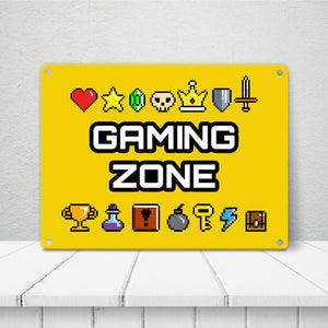 Gaming Zone Metallschild mit Pixel-Items für Zocker in lila