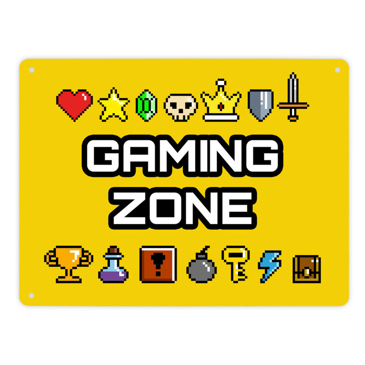 Gaming Zone Metallschild mit Pixel-Items für Zocker in lila