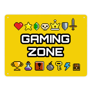 Gaming Zone Metallschild mit Pixel-Items für Zocker in lila