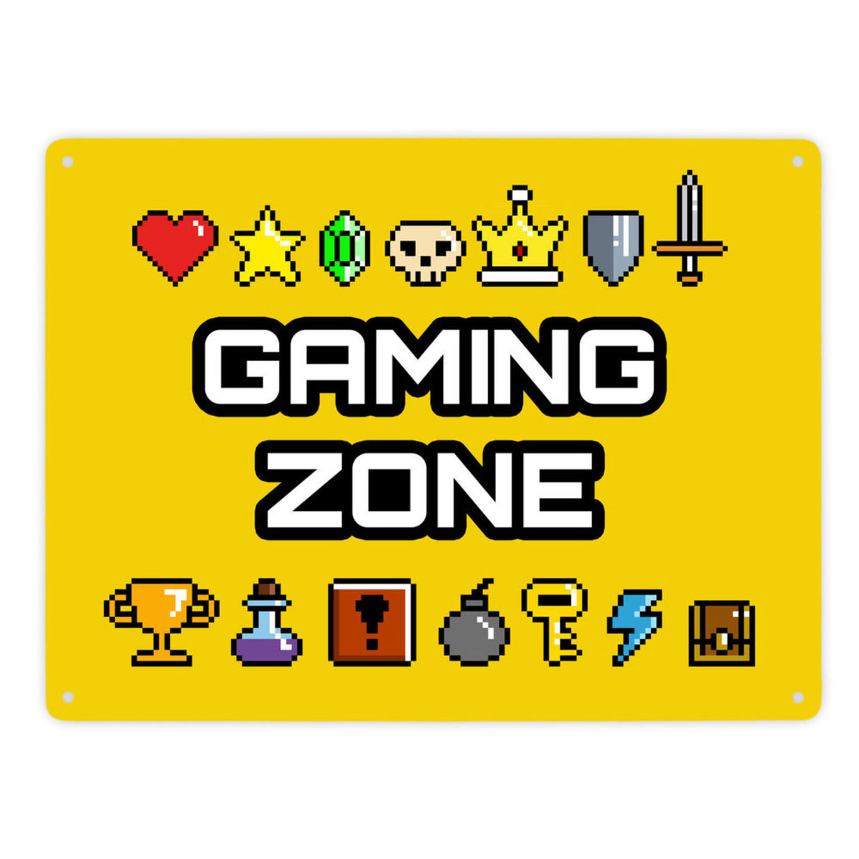 Gaming Zone Metallschild mit Pixel-Items für Zocker in lila