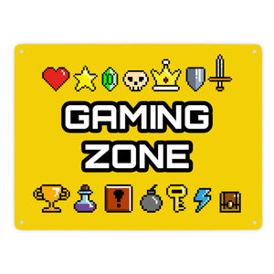 Gaming Zone Metallschild mit Pixel-Items für Zocker in lila