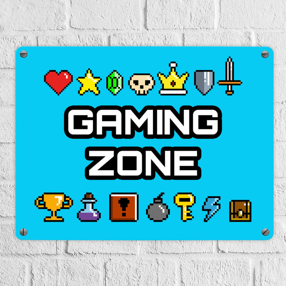 Gaming Zone Metallschild mit Pixel-Items für Zocker in lila