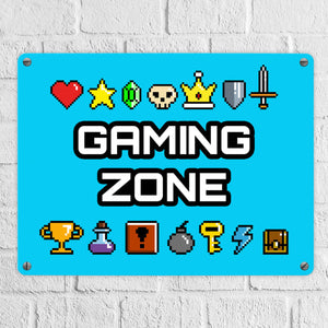 Gaming Zone Metallschild mit Pixel-Items für Zocker in lila