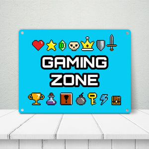 Gaming Zone Metallschild mit Pixel-Items für Zocker in lila