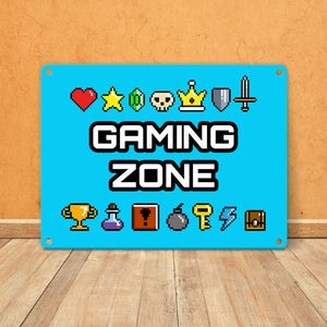 Gaming Zone Metallschild mit Pixel-Items für Zocker in lila