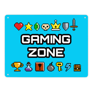 Gaming Zone Metallschild mit Pixel-Items für Zocker in lila
