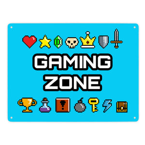Gaming Zone Metallschild mit Pixel-Items für Zocker in lila