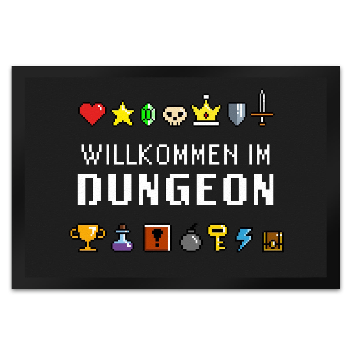 Willkommen im Dungeon Fußmatte für Gamer mit bunten Pixel-Items