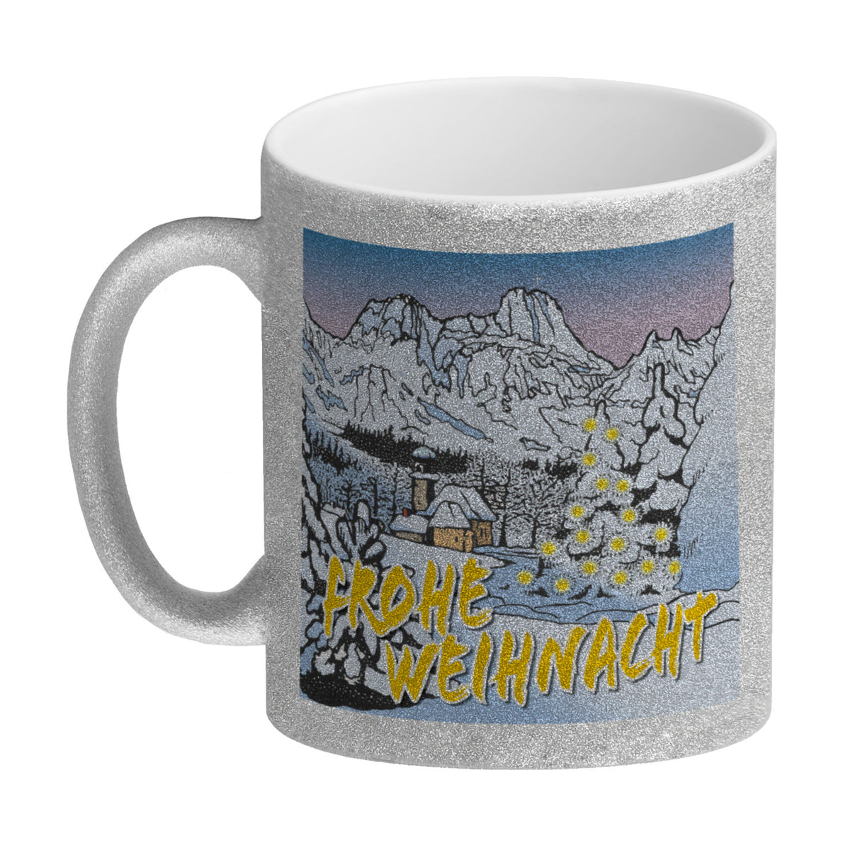 Kaffeebecher zum Thema Weihnachten mit eingeschneiter Landschaft