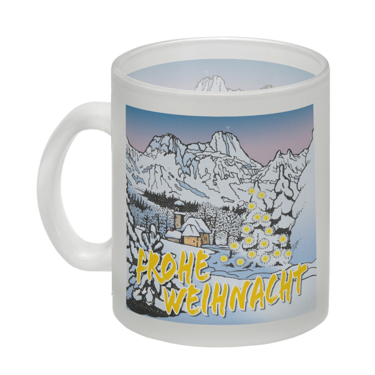 Kaffeebecher zum Thema Weihnachten mit eingeschneiter Landschaft