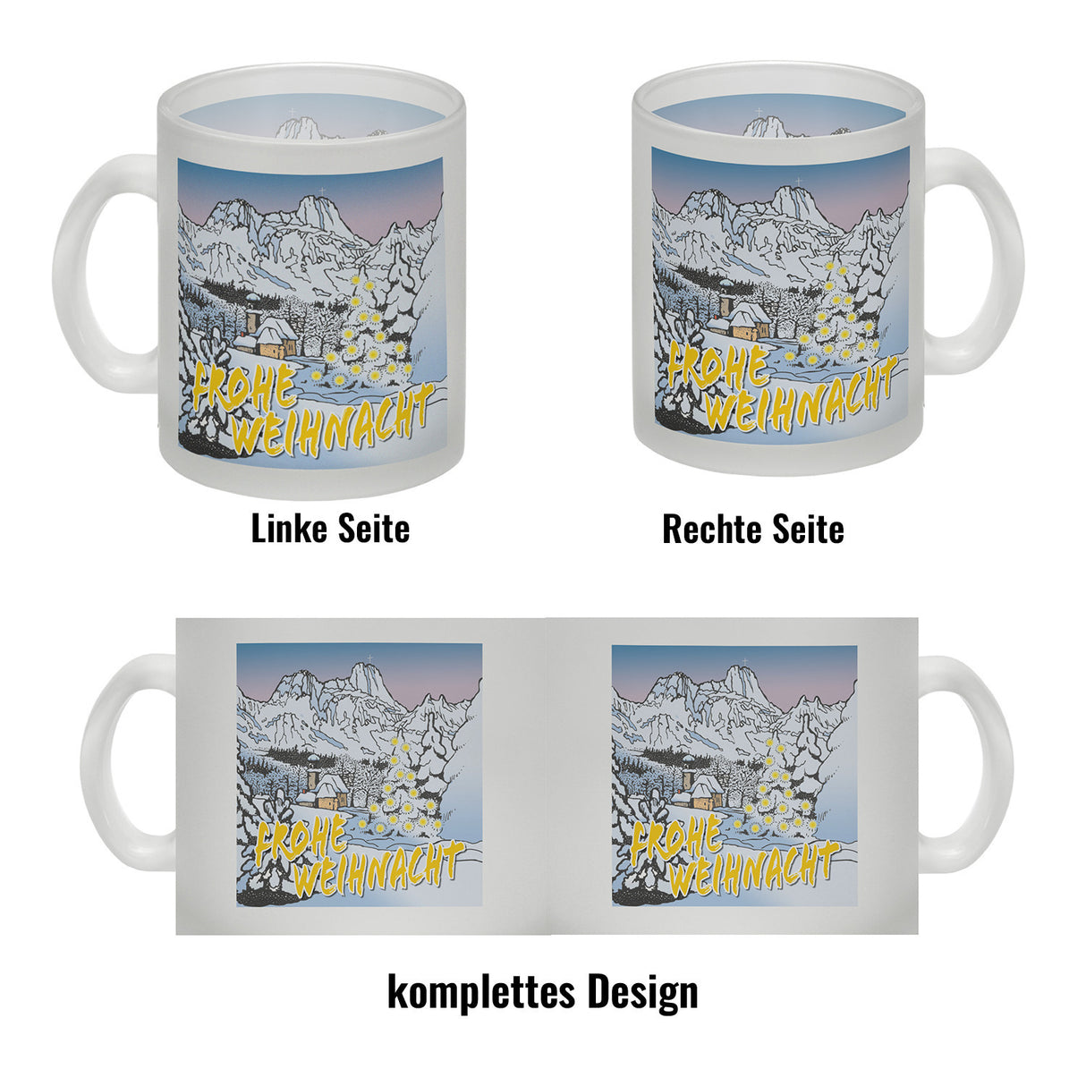 Kaffeebecher zum Thema Weihnachten mit eingeschneiter Landschaft
