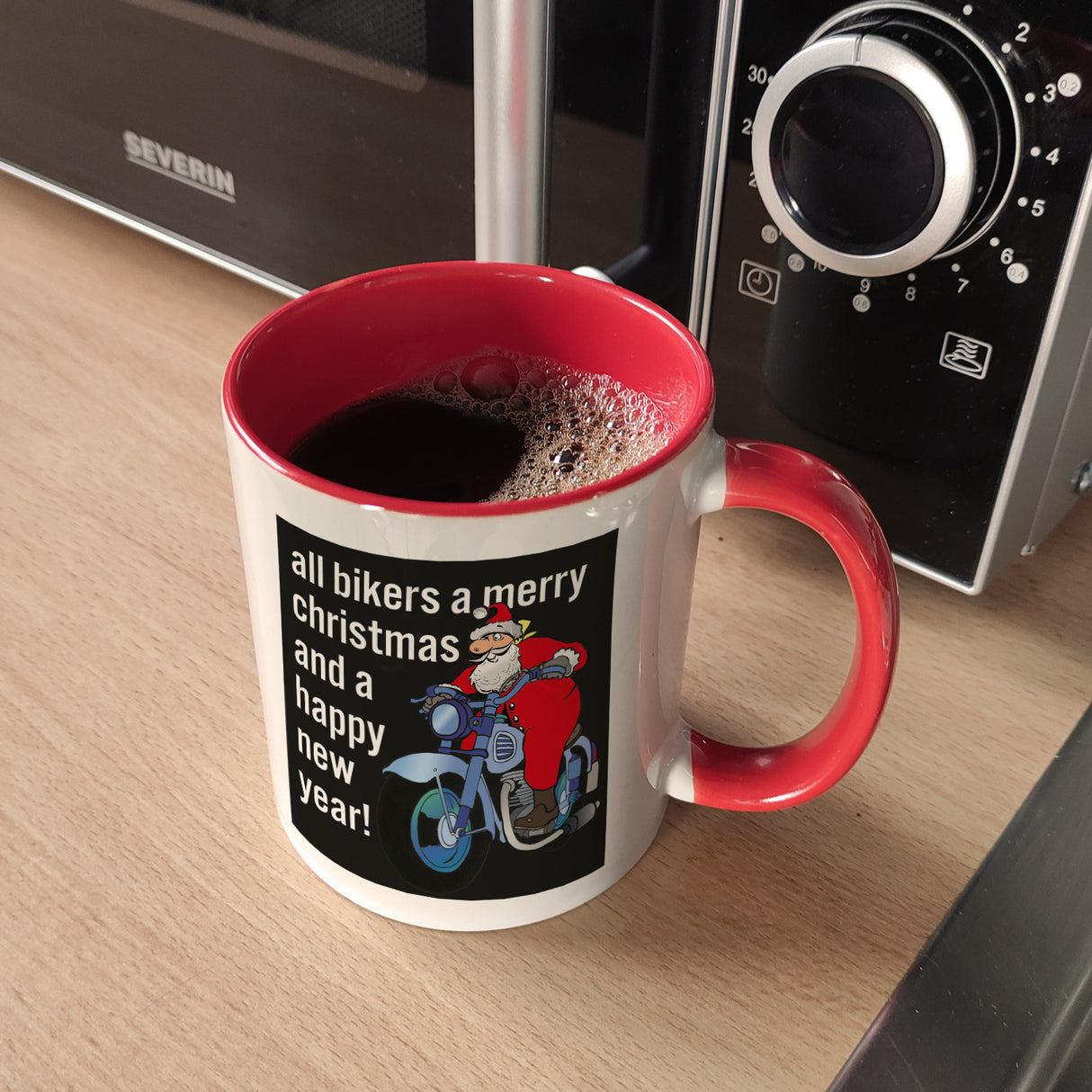 Weihnachten Biker Kaffeebecher mit Weihnachtsmann auf Motorrad