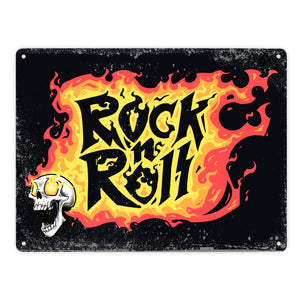 Rock n' Roll Metallschild mit Flammen und Totenkopf