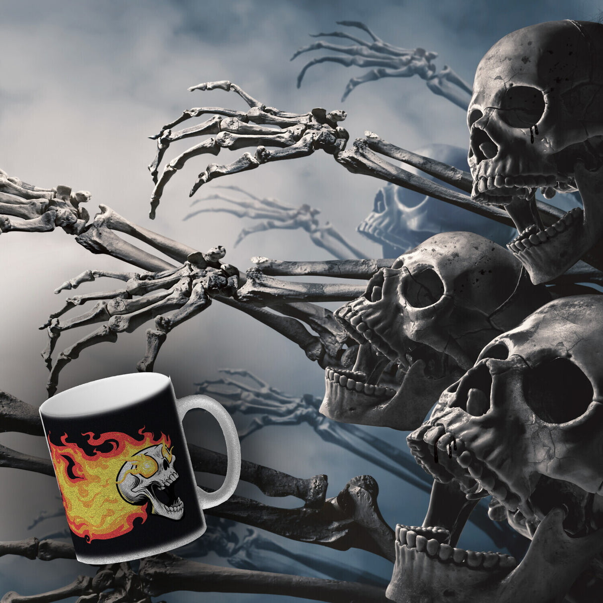 Rock n' Roll Kaffeebecher mit Flammen und Totenkopf