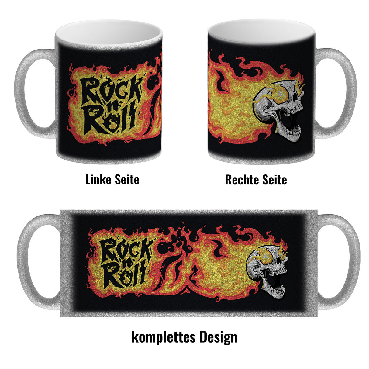 Rock n' Roll Kaffeebecher mit Flammen und Totenkopf