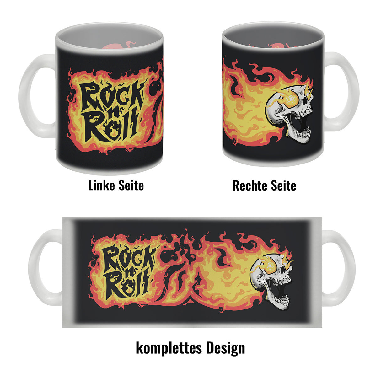 Rock n' Roll Kaffeebecher mit Flammen und Totenkopf