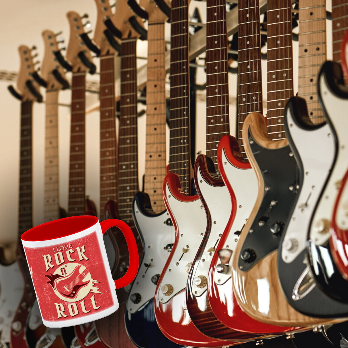 I Love Rock 'n' Roll Kaffeebecher mit Gitarren Motiv