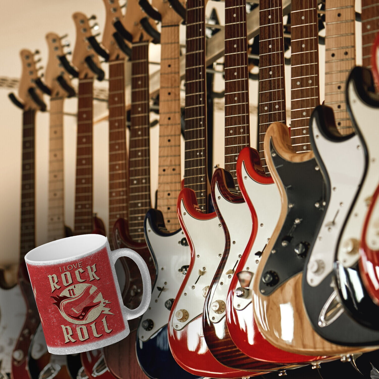 I Love Rock 'n' Roll Kaffeebecher mit Gitarren Motiv