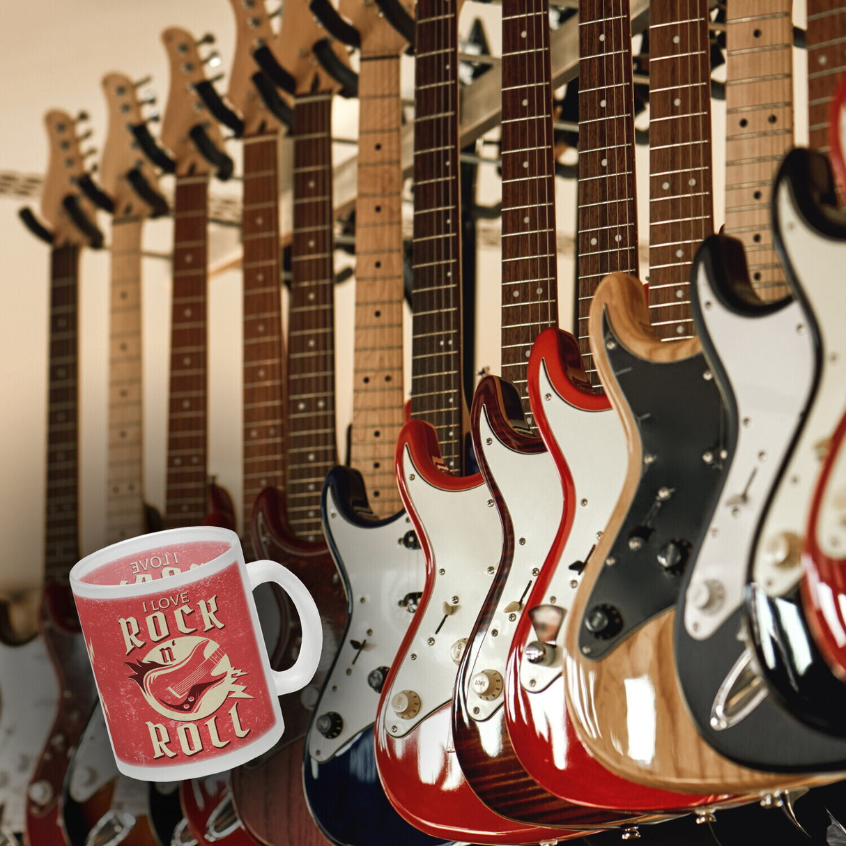I Love Rock 'n' Roll Kaffeebecher mit Gitarren Motiv