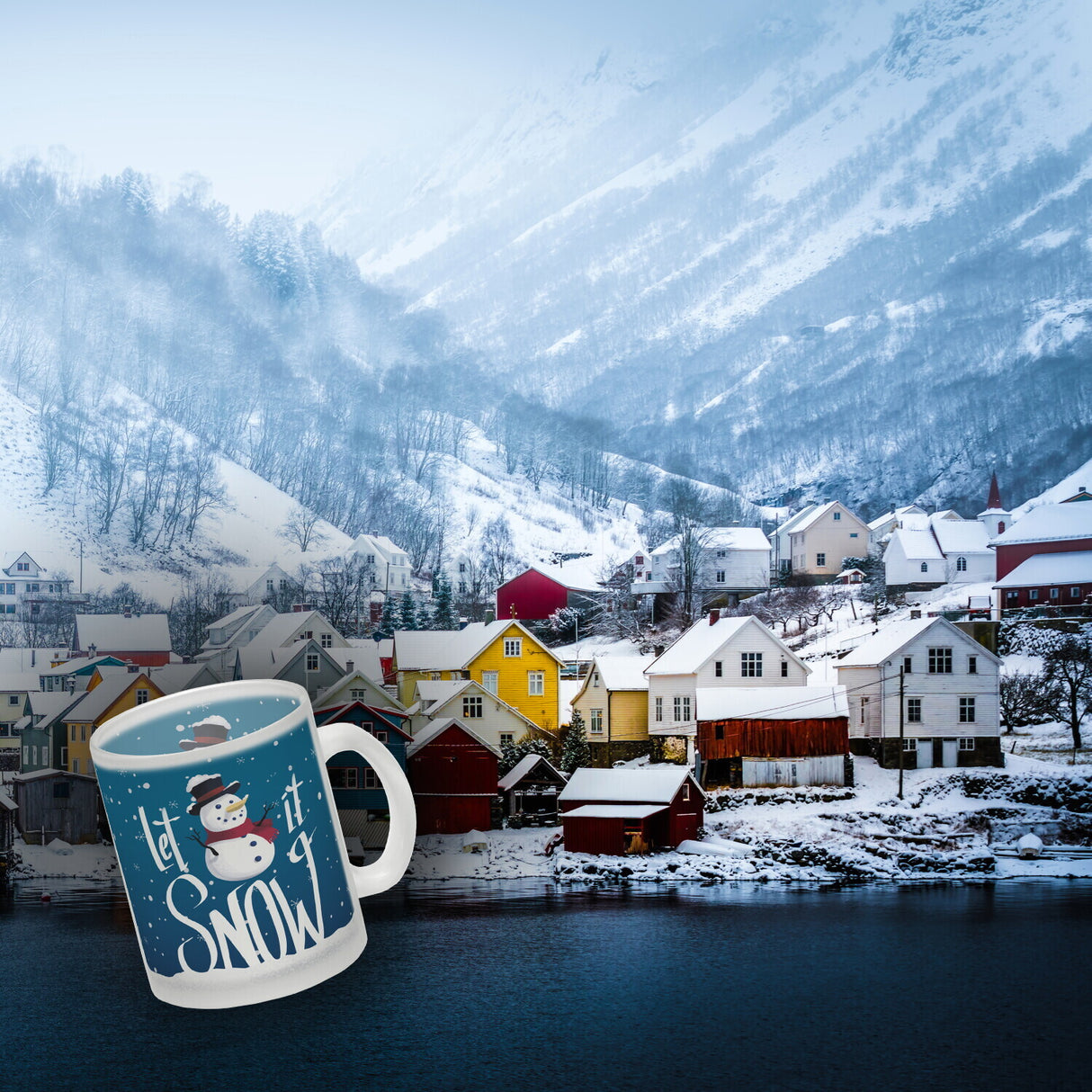 Let it Snow Kaffeebecher mit süßem Schneemann und Schneeflocken
