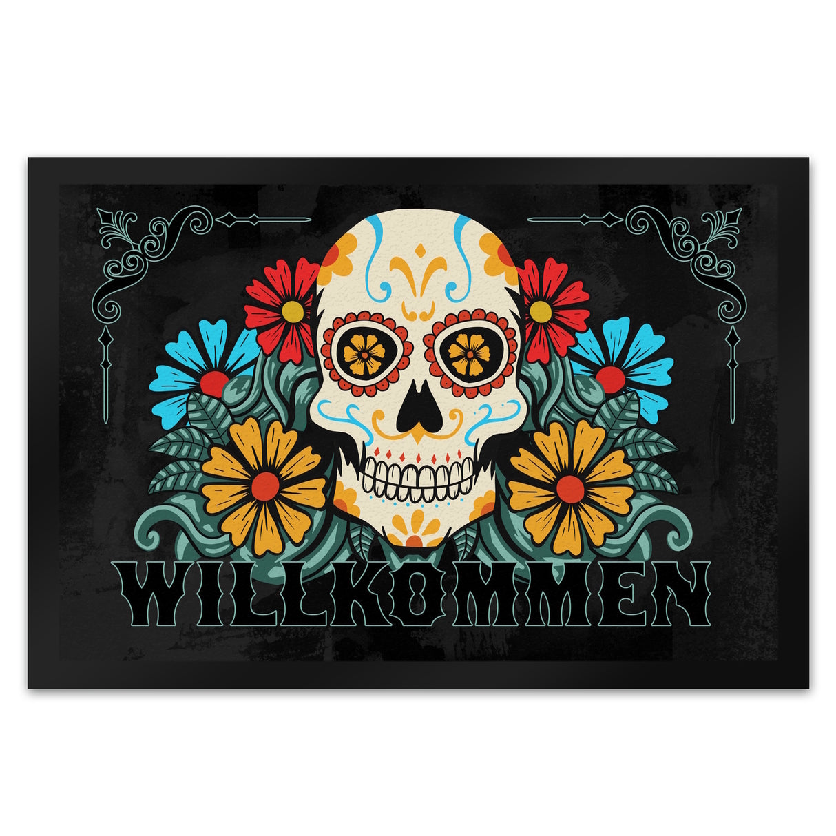 Willkommen Fußmatte mit Totenkopf und Blumenmotiv