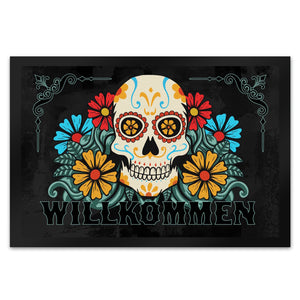 Willkommen Fußmatte mit Totenkopf und Blumenmotiv