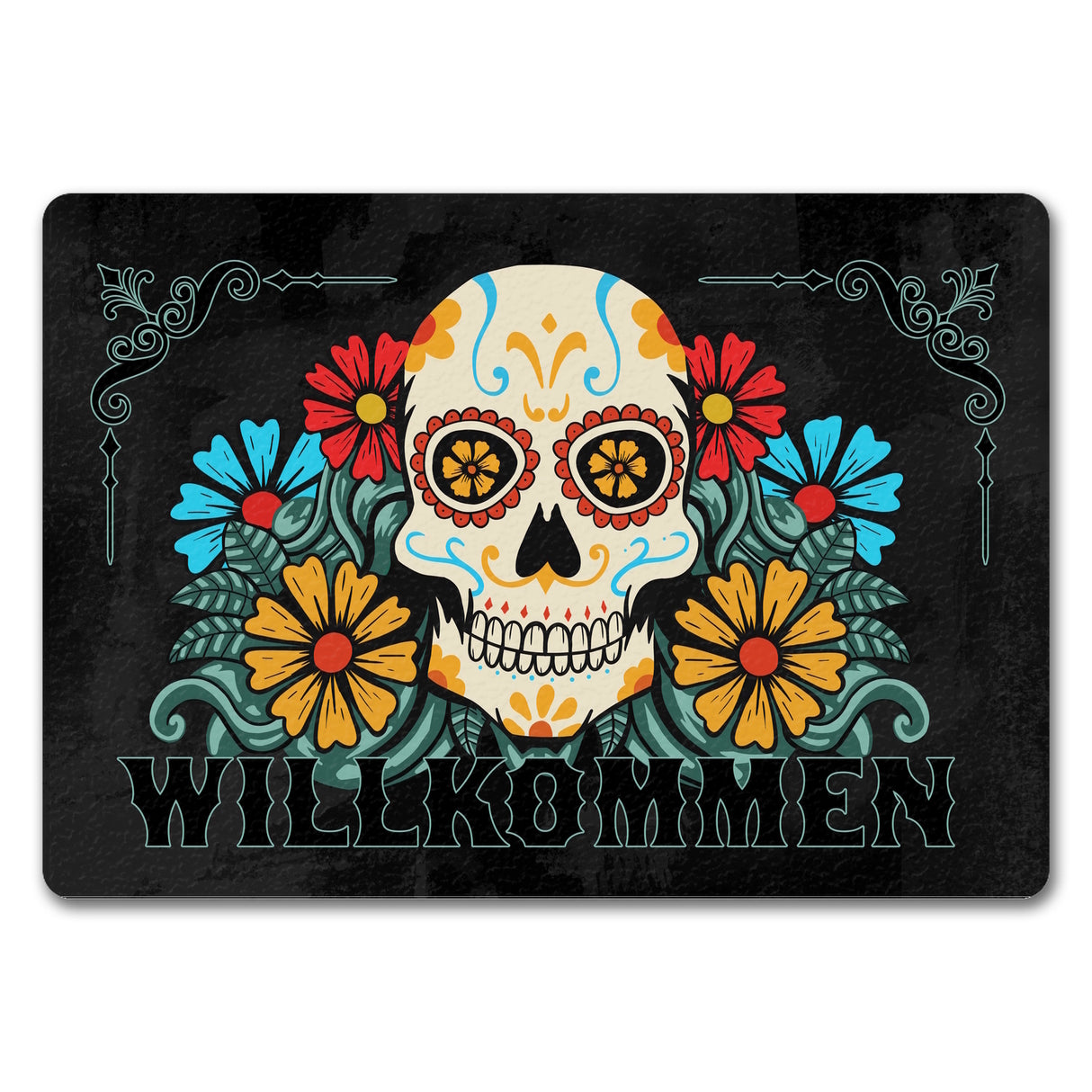 Willkommen Fußmatte mit Totenkopf und Blumenmotiv