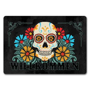 Willkommen Fußmatte mit Totenkopf und Blumenmotiv