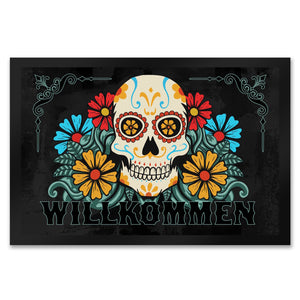 Willkommen Fußmatte mit Totenkopf und Blumenmotiv