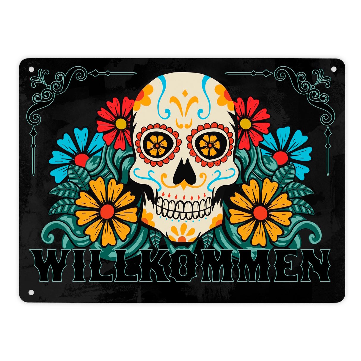 Willkommen Metallschild mit Totenkopf und Blumenmotiv