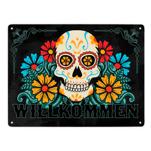 Willkommen Metallschild mit Totenkopf und Blumenmotiv