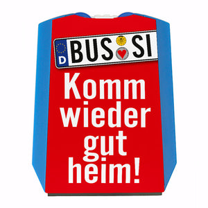 Sicherheit im Straßenverkehr Parkscheibe mit Bussi Motiv mit blauem Hintergrund